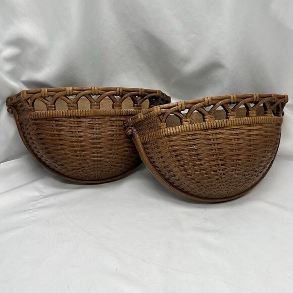 Vtg Homco Brown Faux Wicker Wall Pocket Decor Planter Set 2 Granny Cottage Decor - Picture 8 of 8